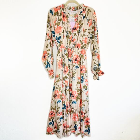 NWT Arthur Jane Claire Ruffle Neck Floral Long Sleeve Button Up Midi Dress Large - Picture 14 of 14